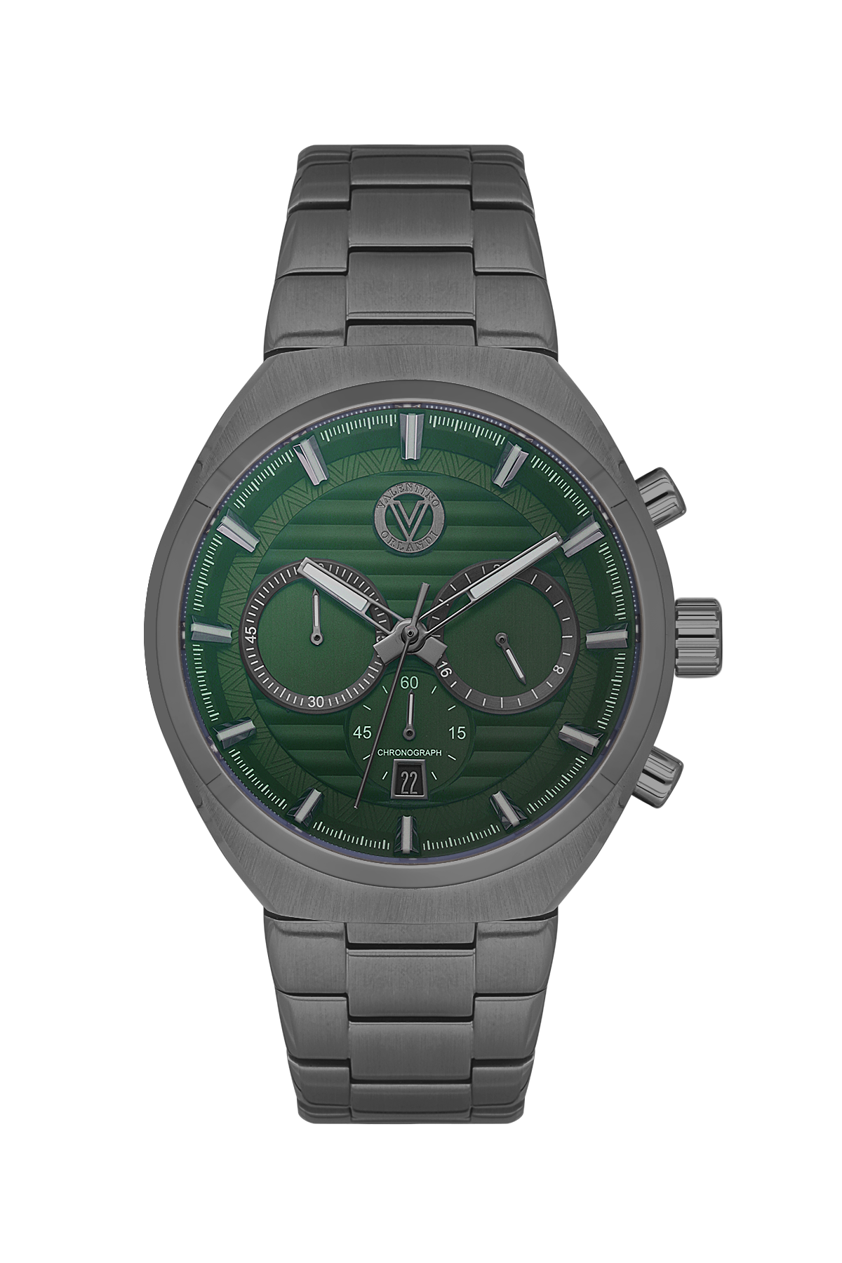 A men's chronograph watch featuring a dark green dial with silver-tone subdials and hands, housed in a brushed dark gray metal case with a matching metal link bracelet.