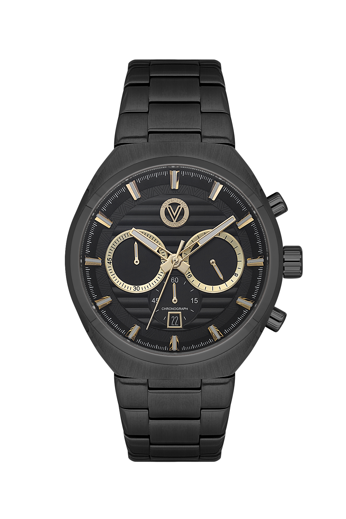 A men's chronograph watch with a black gunmetal-tone metal case and a black link bracelet, featuring gold-tone hands, markers, and subdial details on a white background.