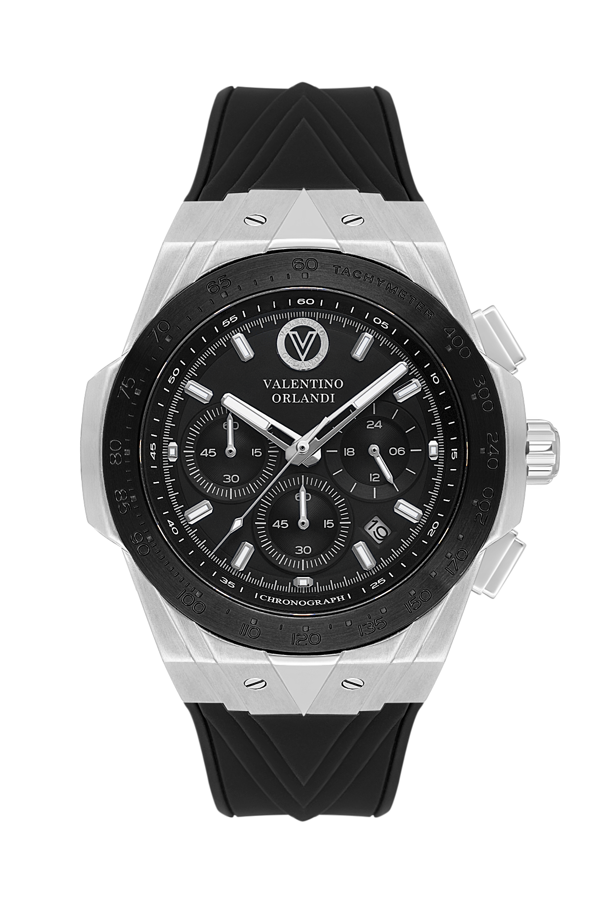A Valentino Orlando chronograph watch with a black dial, black bezel, and a black textured silicone strap, housed in a silver-toned geometric case.
