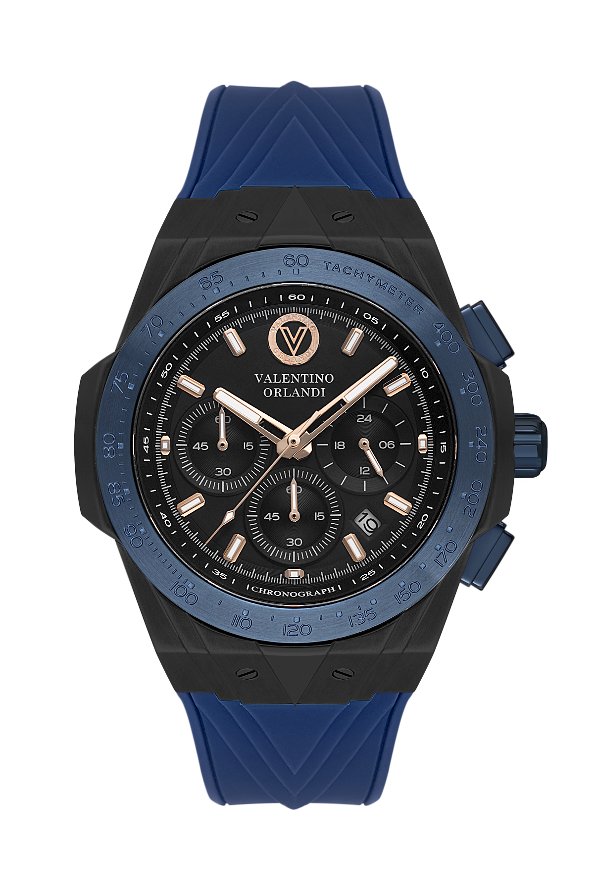 A Valentino Orbidi chronograph watch with a black and blue rugged case, a black dial with rose gold-tone markers and hands, and a blue silicone strap, shown against a plain white background.
