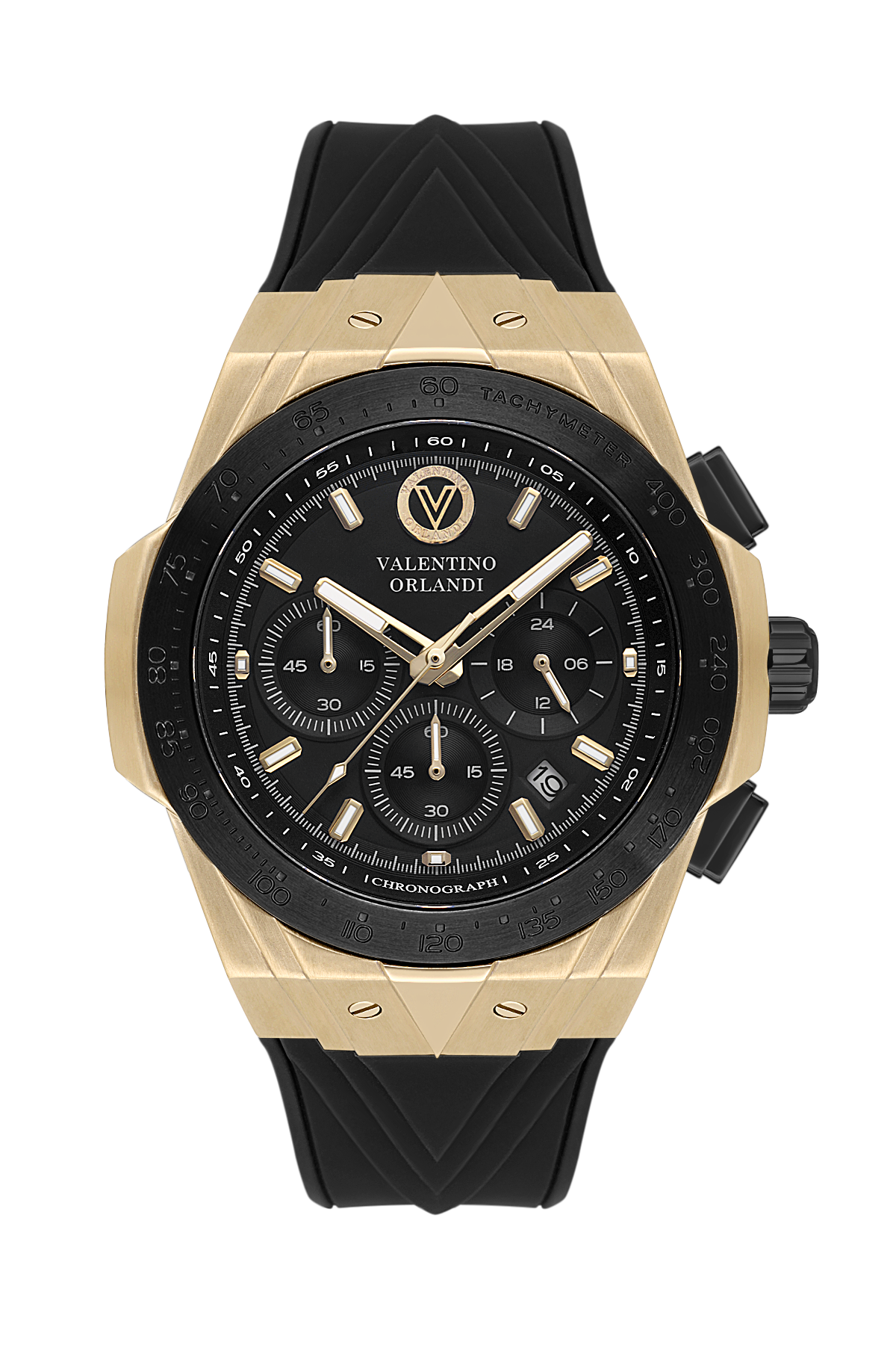 A Valentino Orlanski chronograph watch with a gold-tone case, black dial, and black textured rubber strap, shown against a solid white background.
