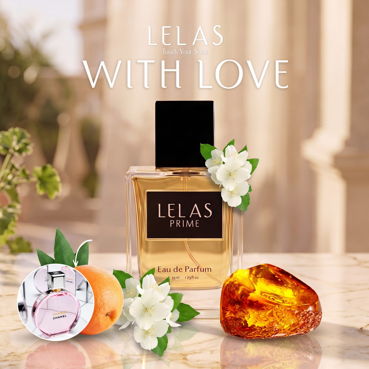A bottle of LELAS PRIME Eau de Parfum is centered on a marble surface with white flowers and amber tones. A circular inset shows a pink Chanel perfume bottle, but the main product being sold appears to be the LELAS perfume.