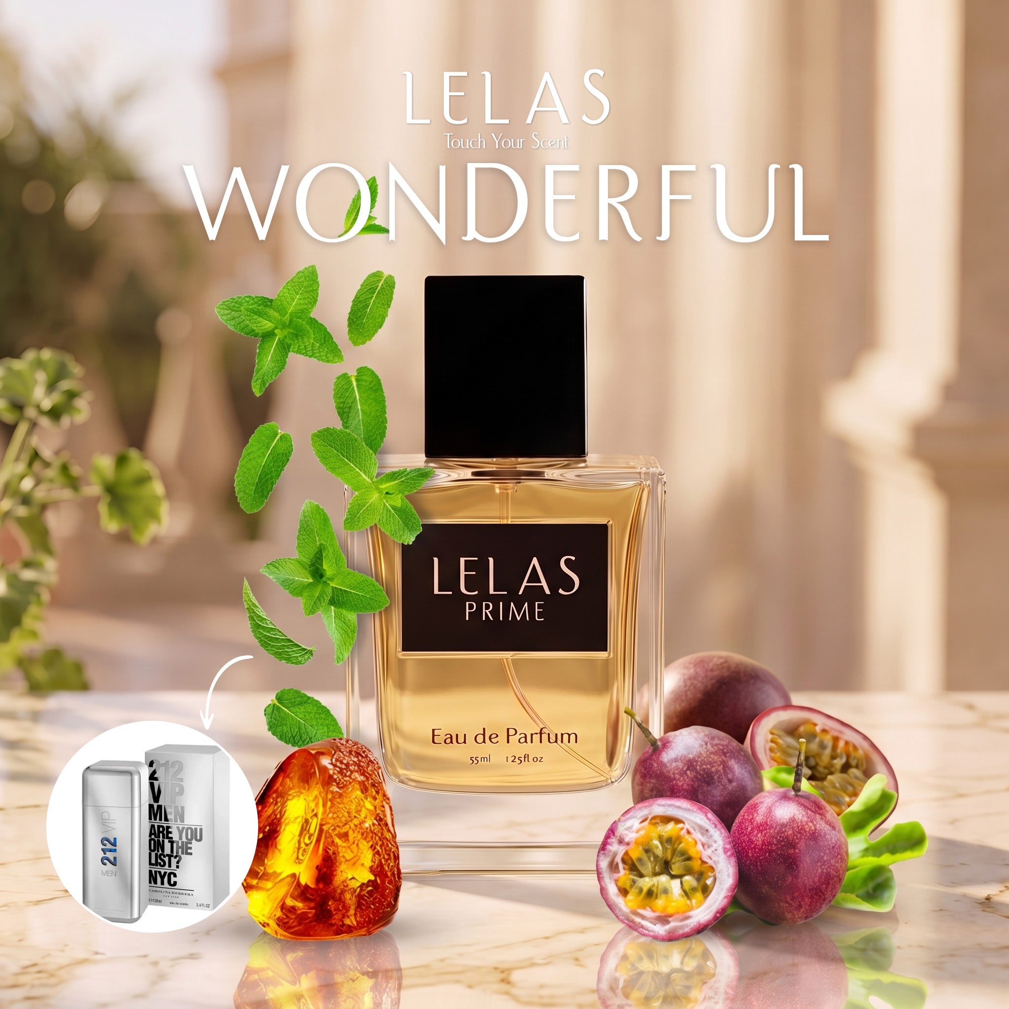 A bottle of LELAS PRIME Eau de Parfum is displayed on a marble surface with passion fruit, mint leaves, and an amber crystal. The background is a warm, blurred interior.