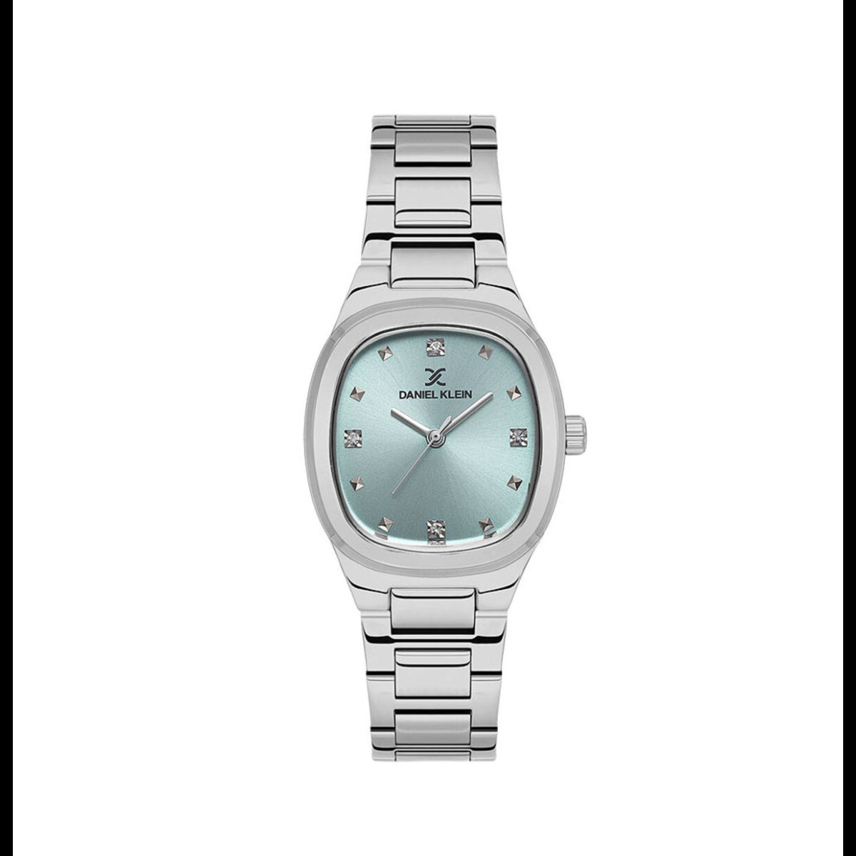 Silver watch with a light blue face on a white background