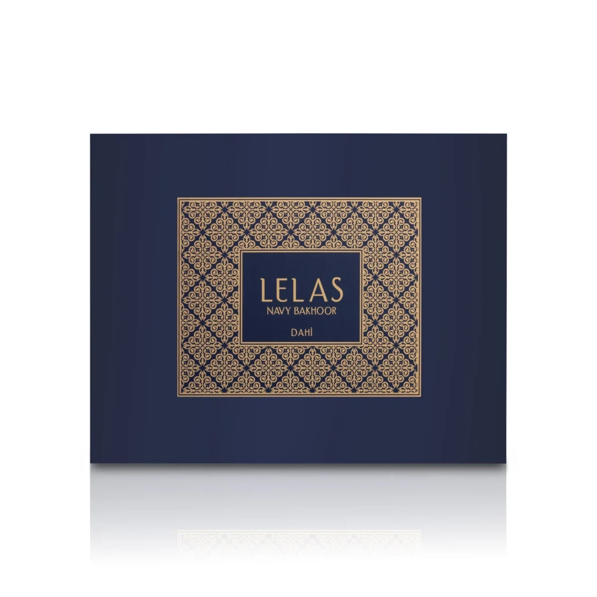 Navy blue box with gold patterns and 'LELAS' branding on a white background