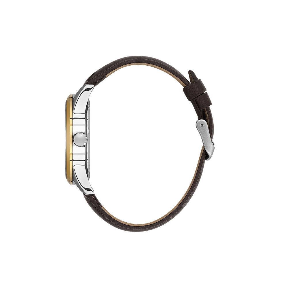 Watch with brown leather strap and gold case on a white background