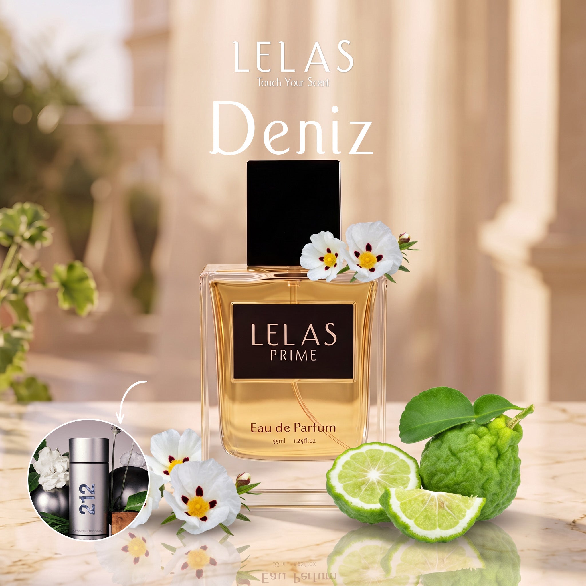 A bottle of LELAS PRIME Eau de Parfum with golden liquid and a black cap, styled on a marble surface with white flowers, green kumquats, and lime slices. Large text reads 'LELAS' and 'Deniz'.