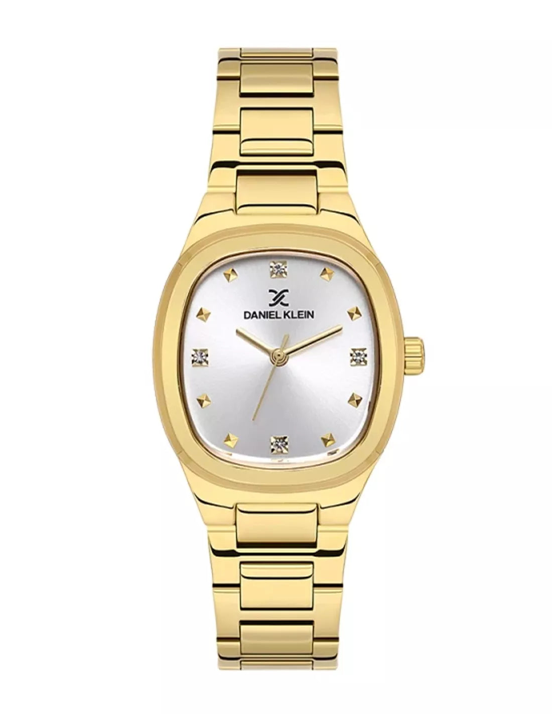 Gold wristwatch with a white face on a white background