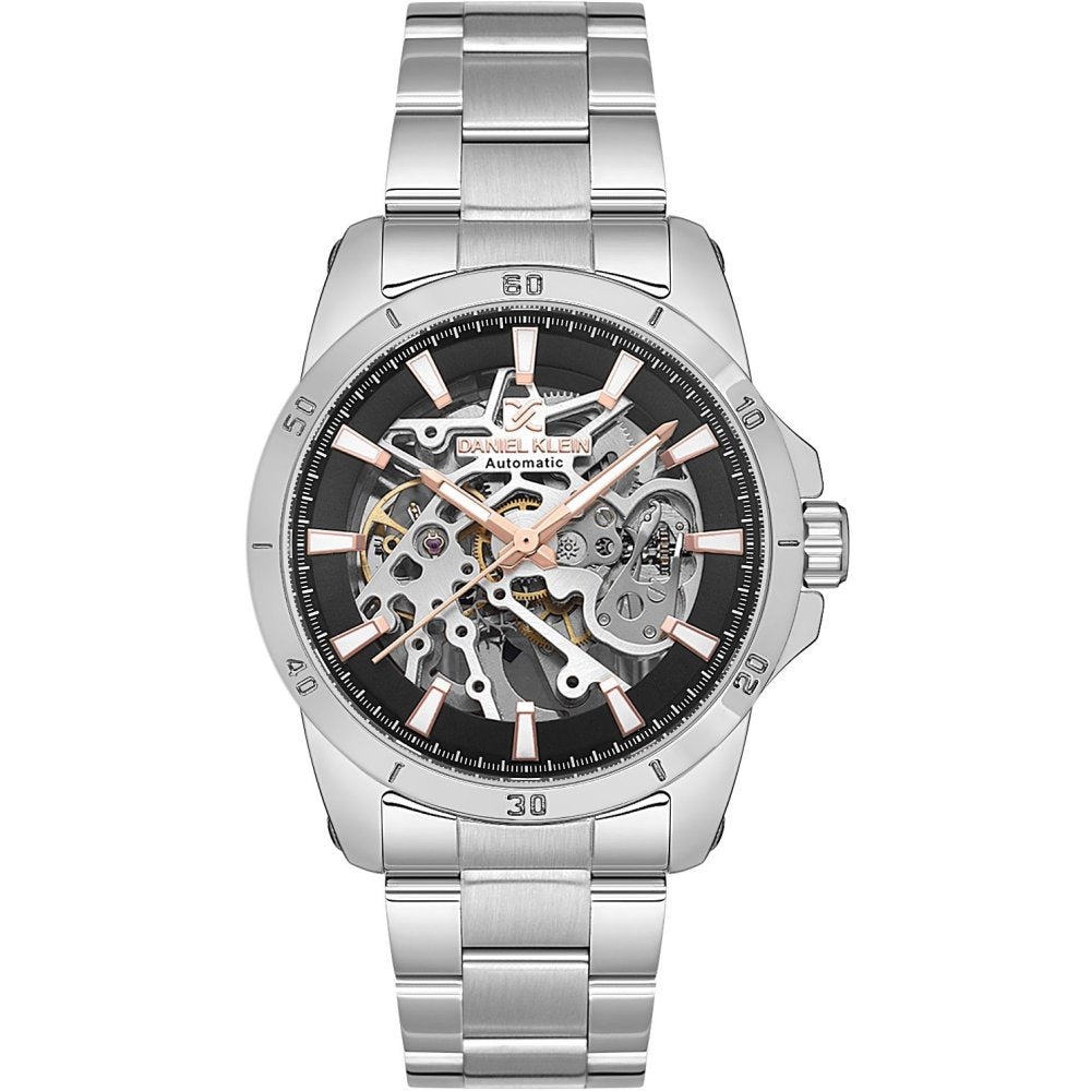 Silver watch with black face and visible mechanical components on a white background
