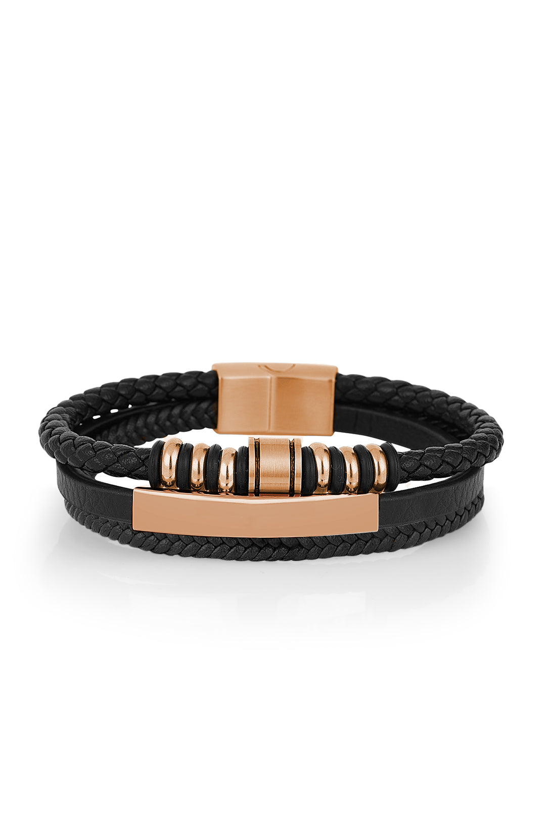 Black braided bracelet with rose gold accents on a white background
