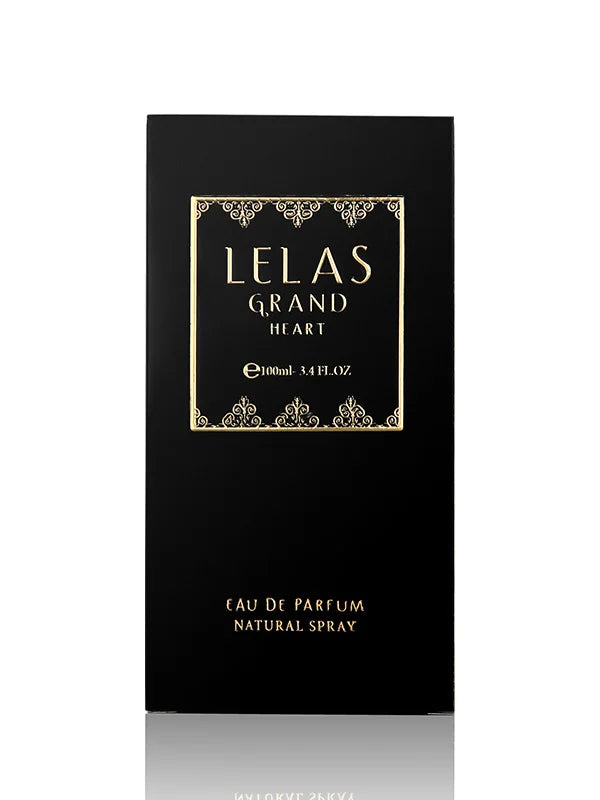 Black and gold Lelas Grand Heart eau de parfum packaging on a white background