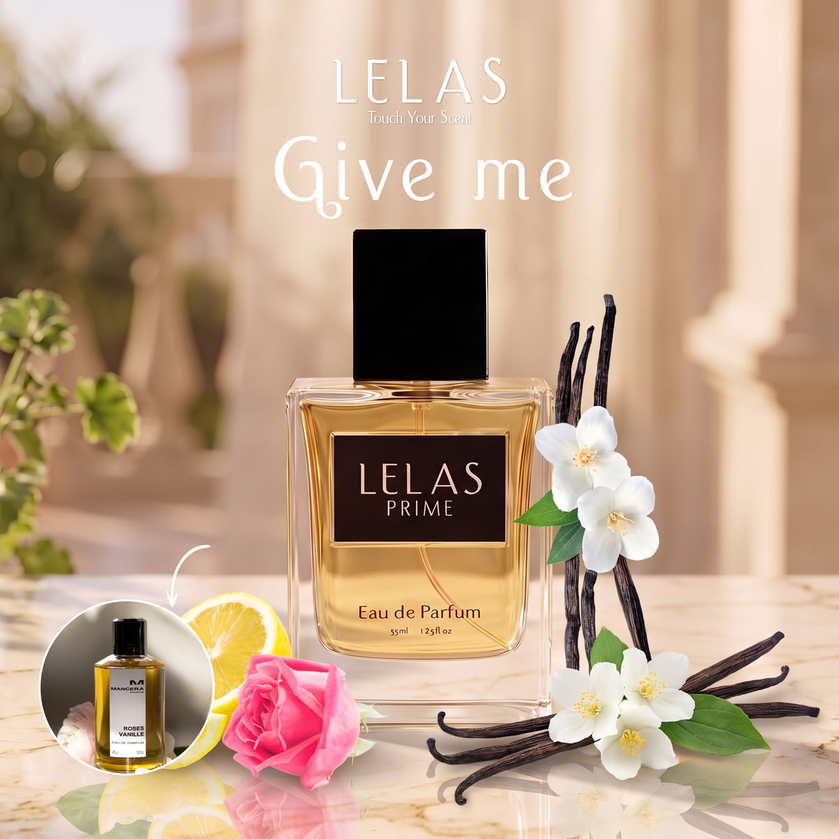 A bottle of LELAS PRIME Eau de Parfum with a black cap and gold-toned liquid, styled on a marble surface with white flowers, vanilla beans, a pink rose, and a lemon slice. The background is a softly blurred warm beige architectural setting.