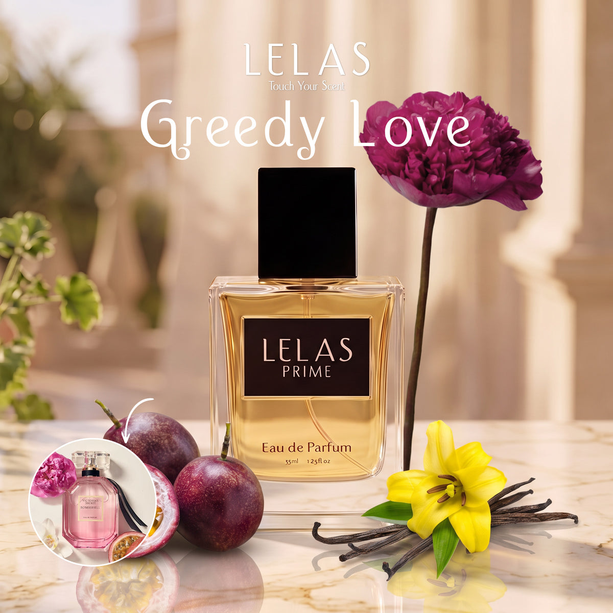 A bottle of LELAS PRIME Eau de Parfum is centered on a marble surface, surrounded by decorative flowers and fruit. The perfume bottle is clear glass with golden-amber liquid and a black cap and label.