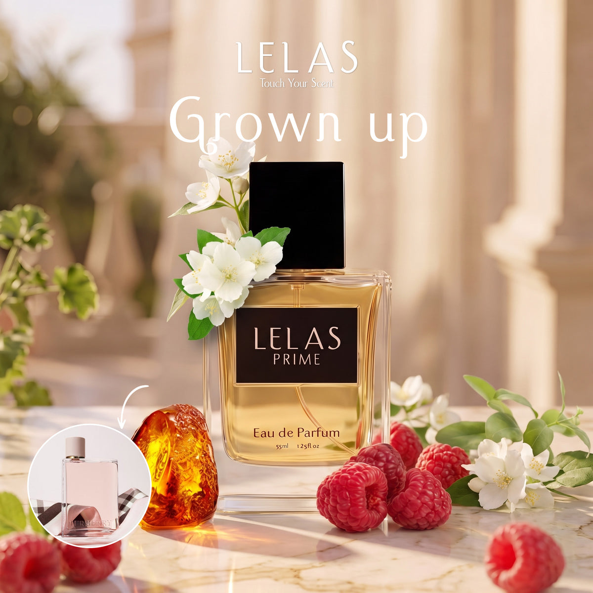 A bottle of LELAS PRIME Eau de Parfum is displayed on a marble surface with raspberries, white flowers, and an amber stone. The background is a warm, blurred architectural setting.