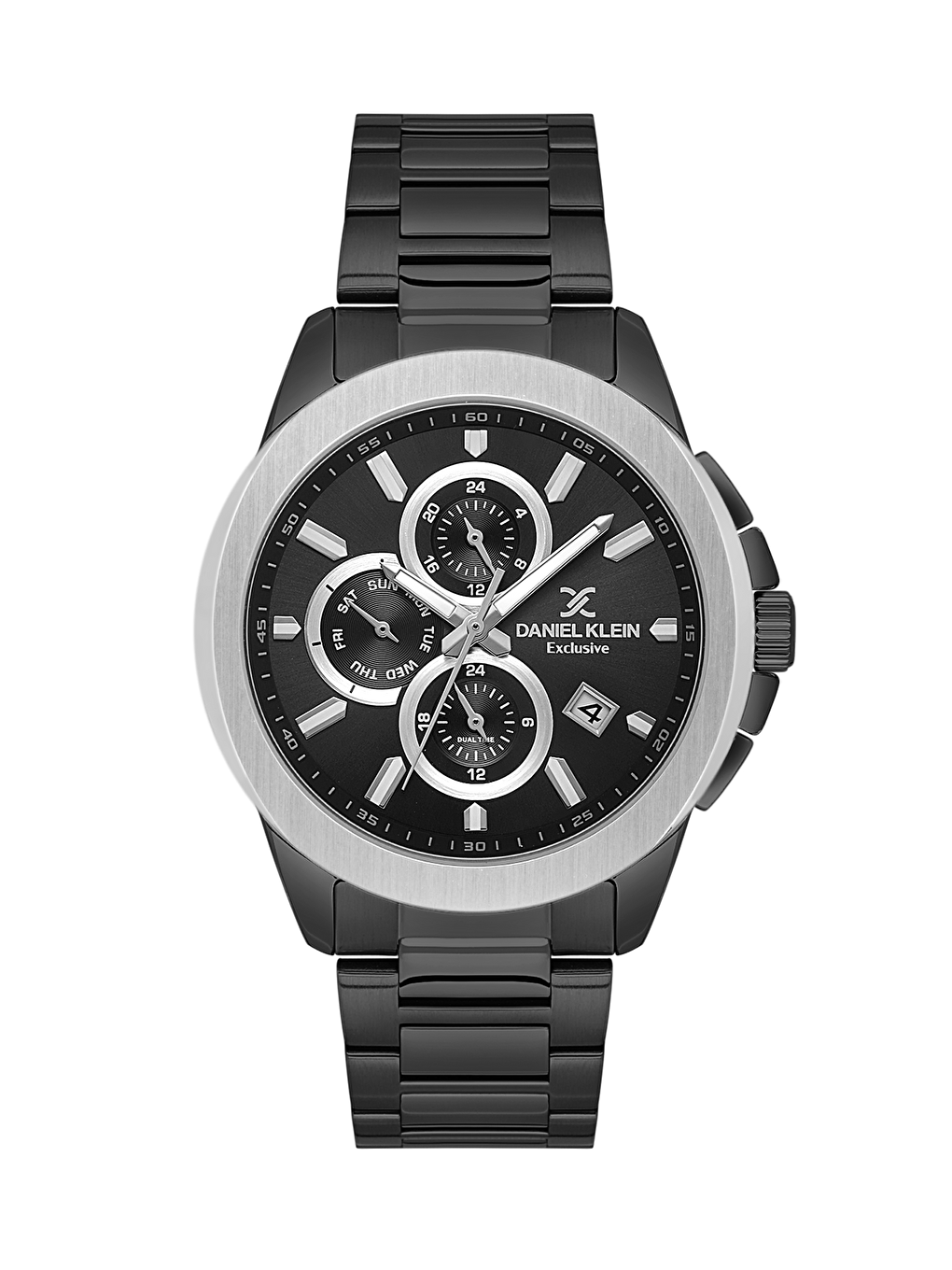 Black watch with multiple sub-dials on a white background