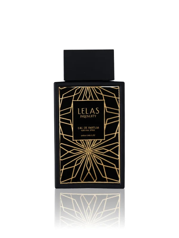 A black rectangular perfume bottle with a matching black cap, featuring a gold geometric line pattern and a central label that reads 'LELAS INGENUITY'. The bottle is centered on a clean white background with a soft reflection below.