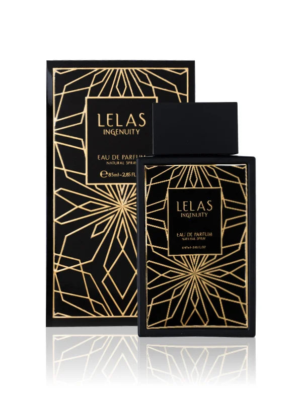 Lelas Ingenuity Eau de Parfum natural spray bottle and its matching outer packaging box, both featuring a black base with a gold geometric line pattern.