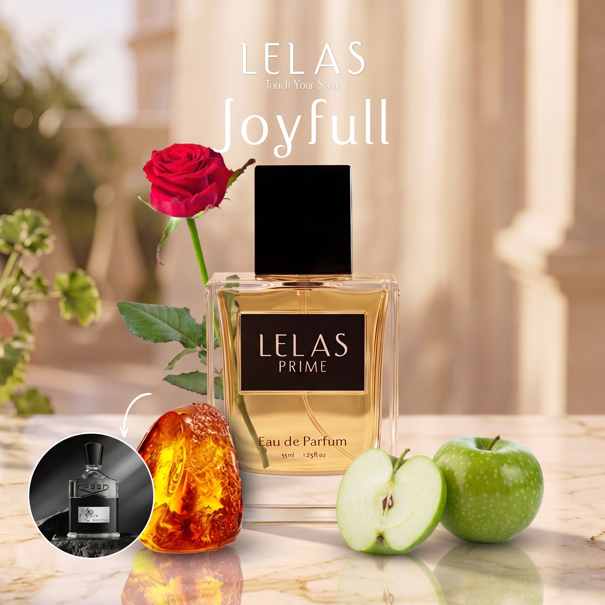 A bottle of LELAS PRIME Joyfull Eau de Parfum is displayed on a marble surface with a red rose, a green apple, and a green apple slice. The background shows a warm, blurred interior with columns.