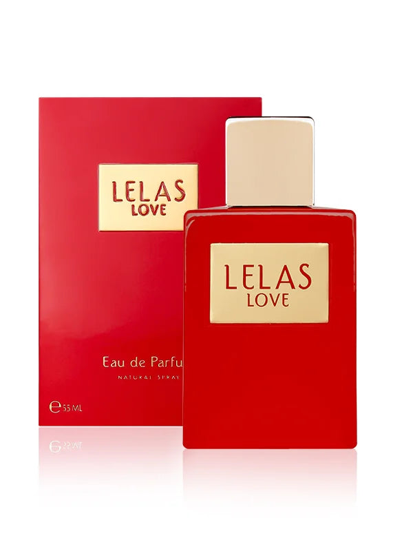 Red LELAS LOVE perfume bottle and packaging on a white background