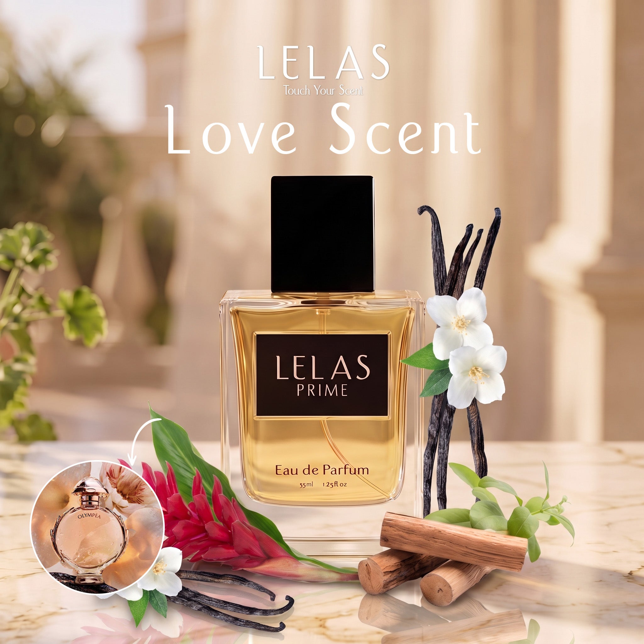 A bottle of LELAS PRIME Eau de Parfum is centered on a marble surface with vanilla beans, white flowers, cinnamon sticks, and a red tropical flower. Large text at the top reads 'LELAS Love Scent'.