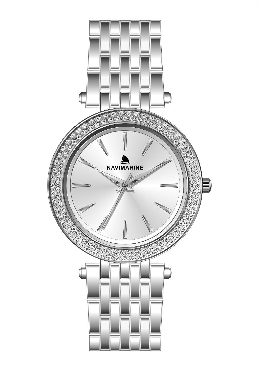Silver wristwatch with a decorative band on a white background