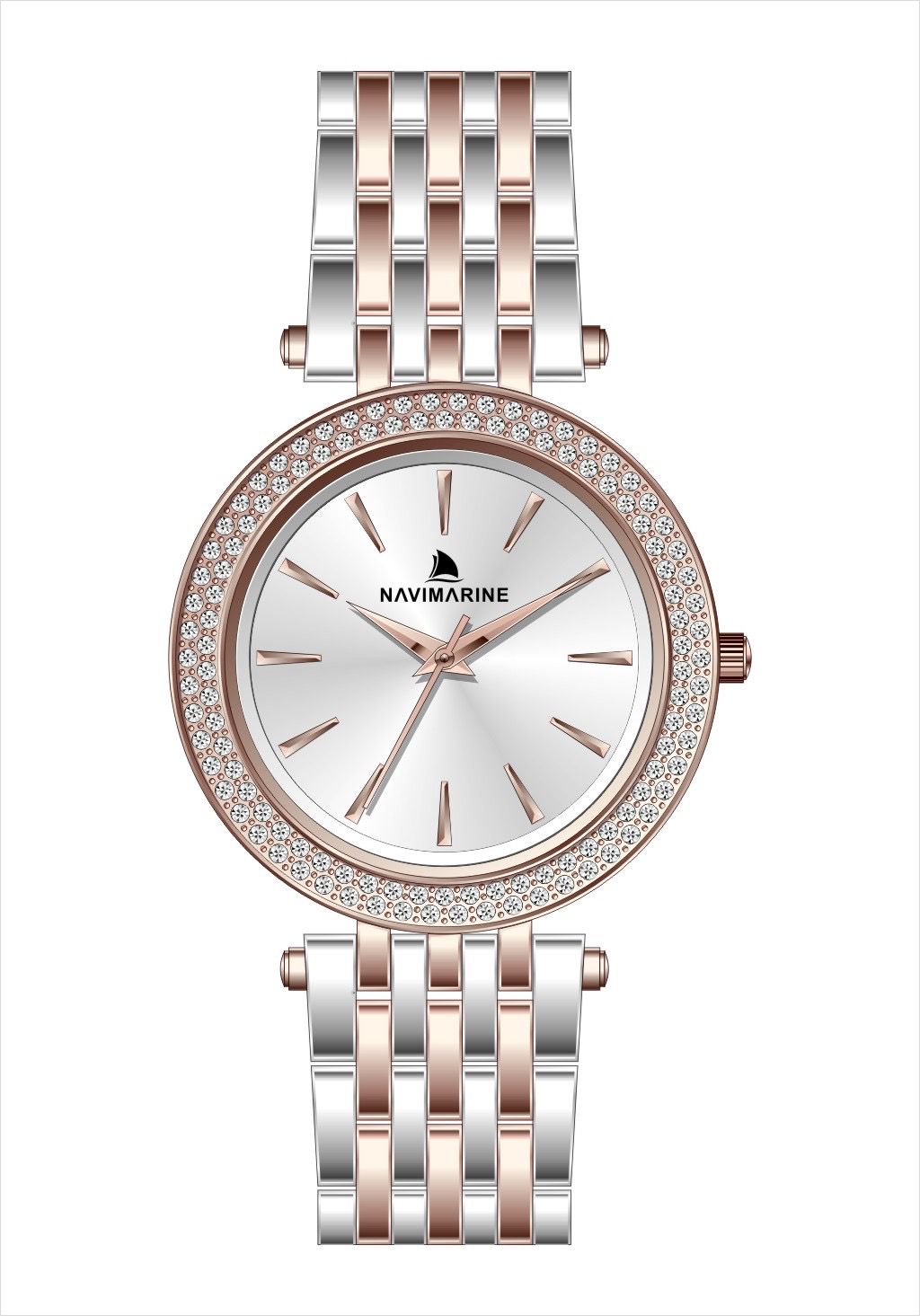 Luxury watch with rose gold and silver metal bracelet on a white background