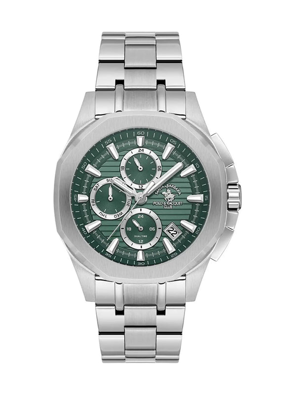 Silver watch with a green face on a white background