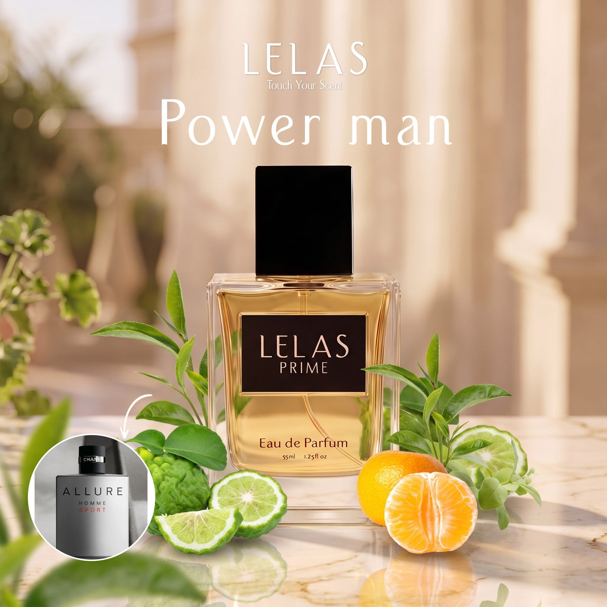 A bottle of LELAS PRIME Eau de Parfum is centered on a marble surface with green leaves, limes, and orange slices around it. Large text at the top reads 'LELAS Power man.