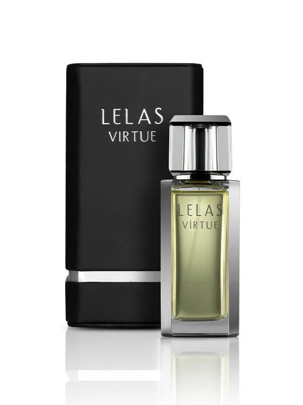 Perfume bottle and packaging with 'LELAS Virtue' branding on a white background