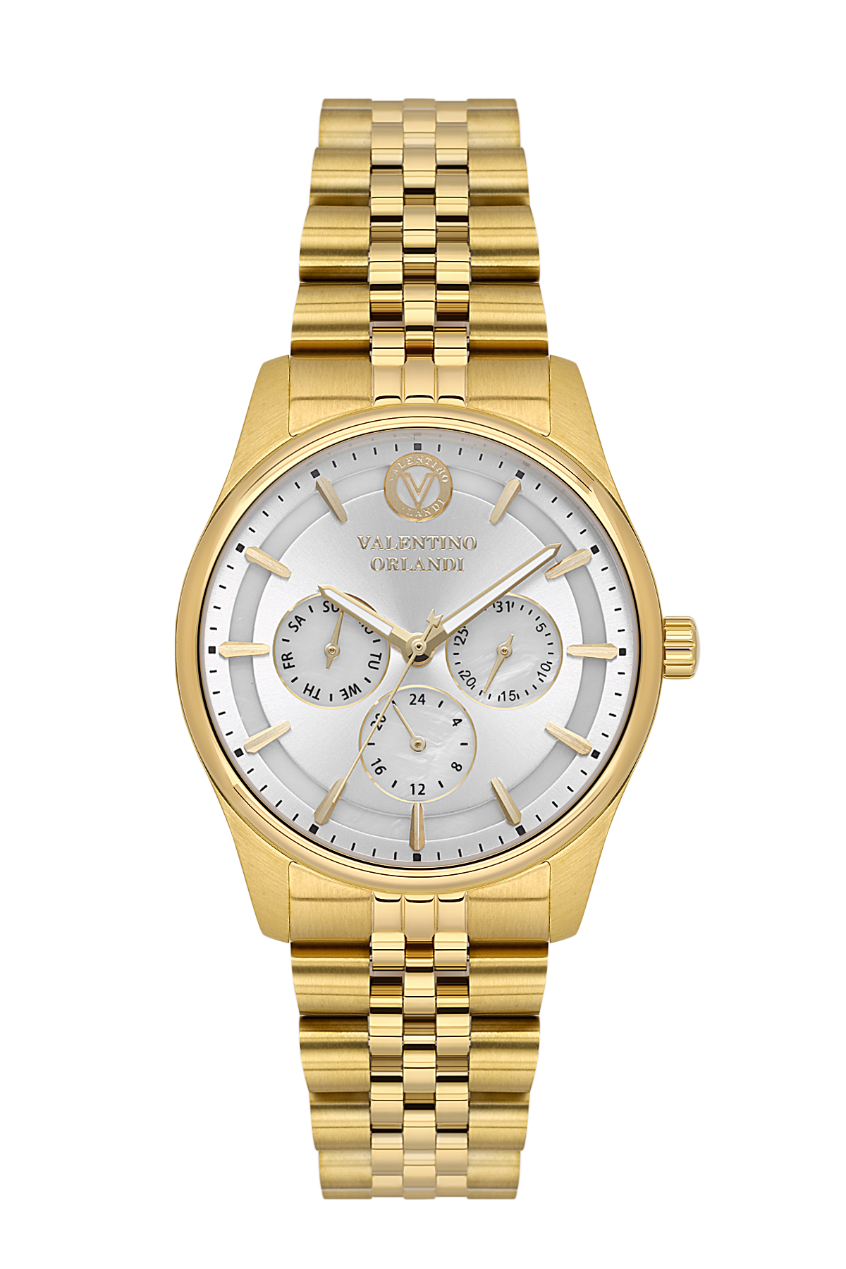 Gold wristwatch with a detailed face on a white background